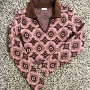 Debut Retro Geometric Print Cropped Knit Polo Top